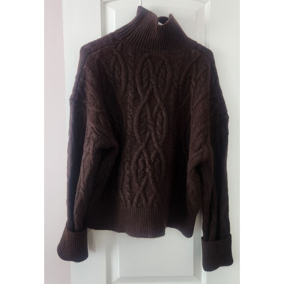 COMMENSE Women’s Brown Cable Knit Turtleneck Sweater Chunky Knit Pullover LARGE - Picture 3 of 13